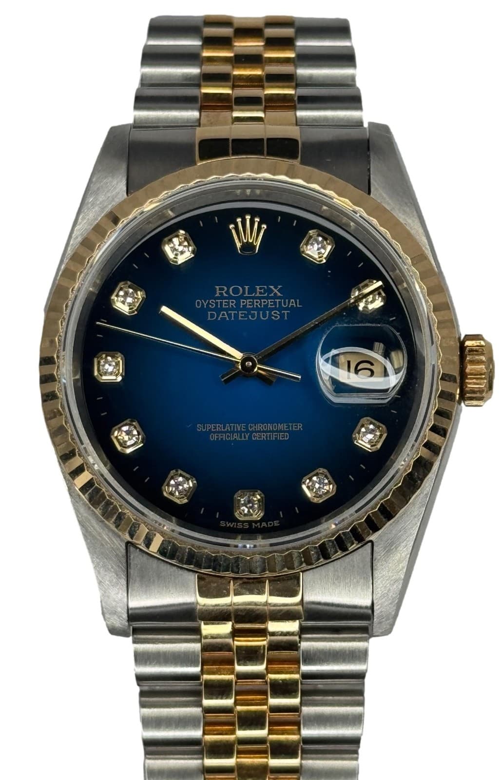 Rolex Datejust 16233 Blue Vignette Serti 18k yellow gold fluted bezel B&P Watch