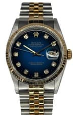 Rolex Datejust 16233 Blue Vignette Serti 18k yellow gold fluted bezel B&P Watch