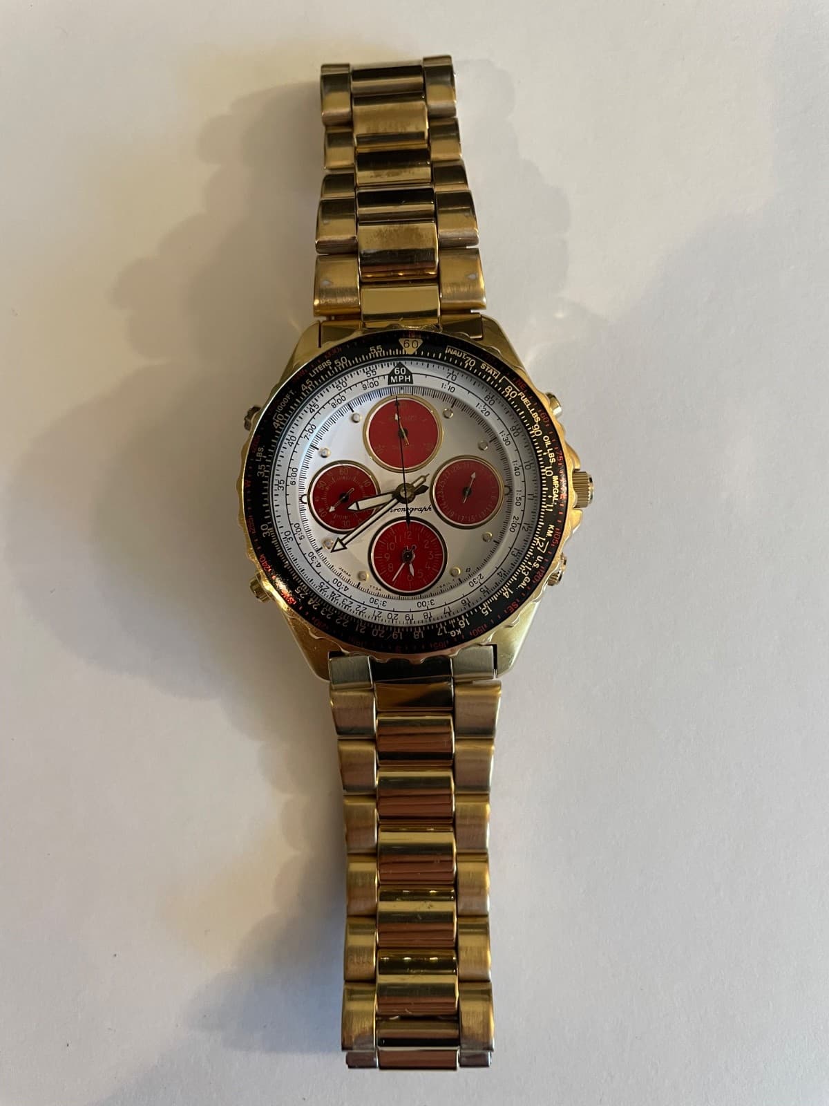 Seiko Flightmaster Alarm Chronograph 7T34-6A0H Japan Men’s Watch Gold Tone Red P