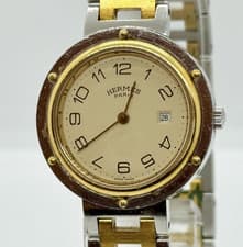 [EXC+5] Vintage HERMES Clipper 34mm Ivory Dial Gold Date Quartz Watch From Japan