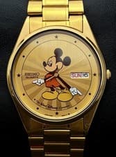 Vtg New 1987 SEIKO SQ Mens 40mm Mickey Mouse Watch Dy Dt Gold Case Bracelet Dial