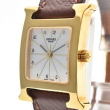 Vintage HERMES H Watch HH1.201 Quartz Woman's Watch 21mm Gold Brown "D" JAPAN