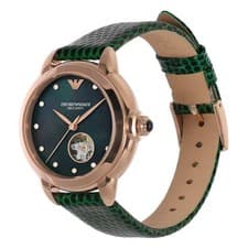 Emporio Armani Automatic Wristwatch Green Leather Strap Timepiece Authentic