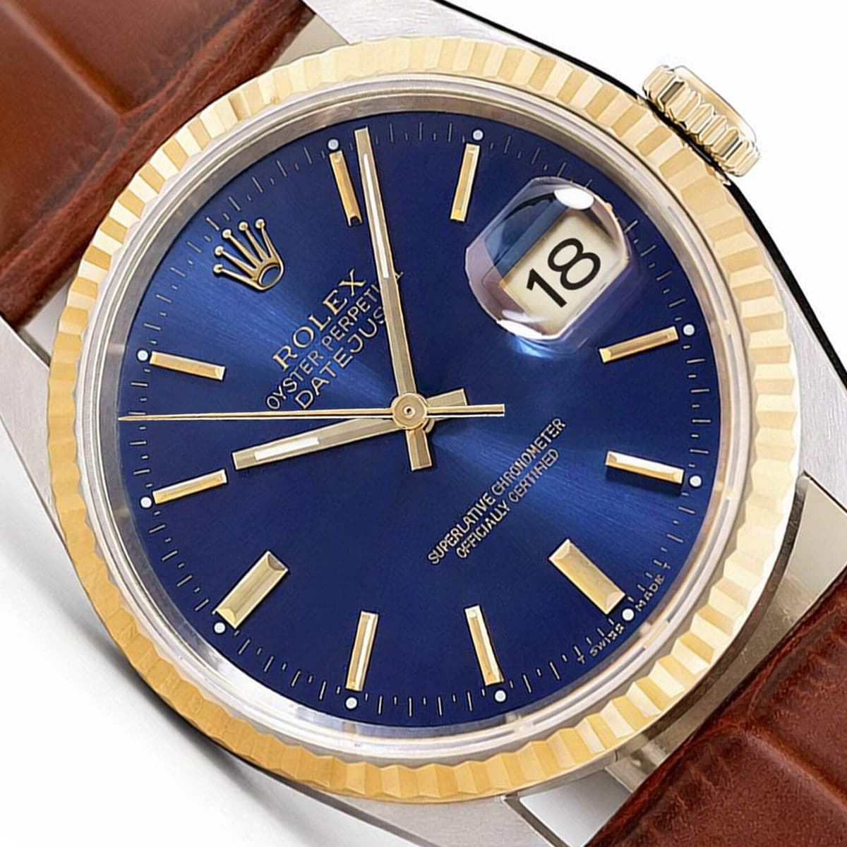 36mm Rolex Datejust 16013 18K Gold Bezel Blue Dial Brown Leather Band Steel Men'