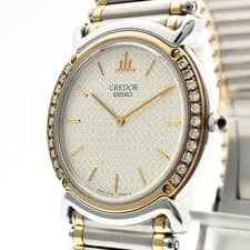 Vintage SEIKO CREDOR 5A74-0190 Quartz Men's Watch Diamond 18KT Bezel 31mm JAPAN