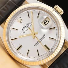 ROLEX DATEJUST 1601 SILVER 14K YELLOW GOLD STEEL BLACK LEATHER BAND WATCH