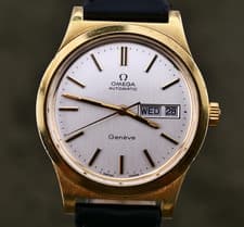 1970s Omega Geneve Day-Date Automatic 166.0169 Gold Plated Vintage Watch