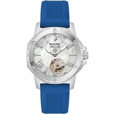 Bulova Men's Watch Marine Star Automatic Open Heart Mop Dial Blue Strap 96L324