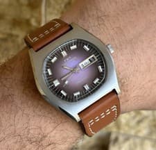 Technos Imperial Automatic 1970s Purple Dial TV Cushion Case Day Date 40mm Mint