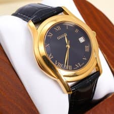GUCCI 5400M Quartz Watch Black Dial Gold Case Roman Vintage Leather Strap