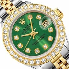 26mm Rolex Datejust 69173 Custom 18K Gold Diamond Green Dial Steel Woman's Watch