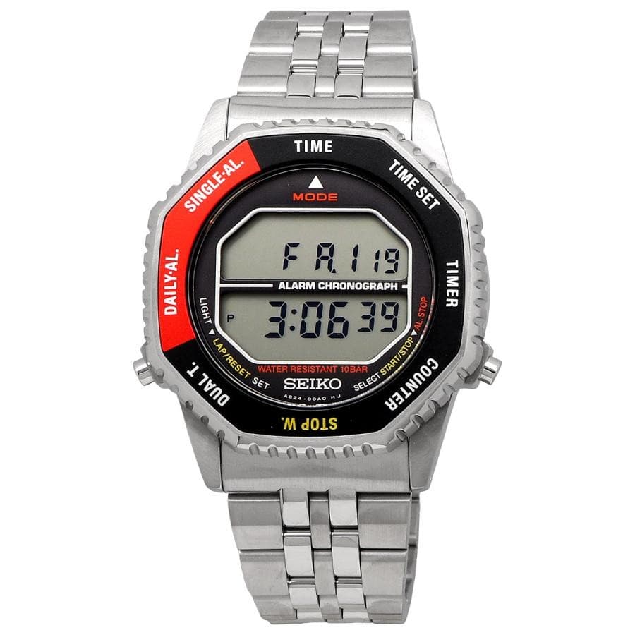 Seiko Rotocall Digital Quartz Silver Red Black Bezel Men's Watch SMGG19P1 NEW