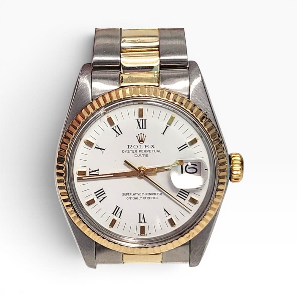 Rolex Date 34 mm Two Tone White Roman Oyster Automatic Watch 1500 Circa 1980