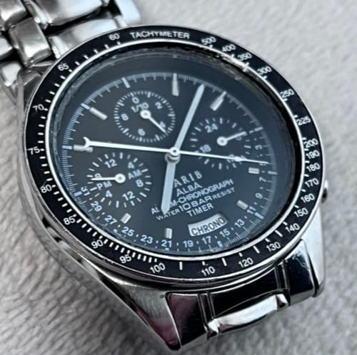 SEIKO ALBA Carib Chronograph Men Watch N944-7A40 Black Dial Working Rare JP