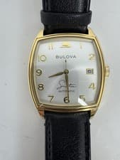 Bulova Sinatra Automatic Men's Gold Tonneau Silver Dial Black Leather Date Box