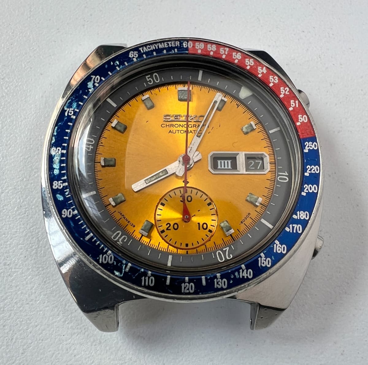 SEIKO 6139-6002 Automatic Chronograph Watch Vintage Mens POGUE Yellow Dial 17 J