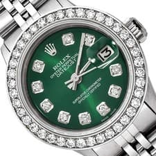 26mm Rolex Datejust 1601 18k White Gold Diamond Bezel Green Dial Women's Watch