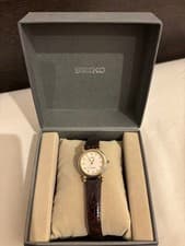 SEIKO Analog Quartz Watch Brown Leather Strap White Dial Battery Replaced Box