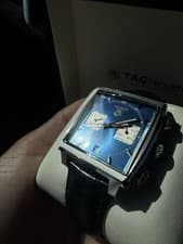 TAG Heuer Monaco Calibre 12 Automatic Chronograph Blue Dial Leather Watch w/ Box