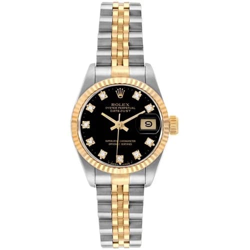 Rolex Lady-Datejust 26mm Yellow Gold Steel Diamond Black Dial Watch 69173