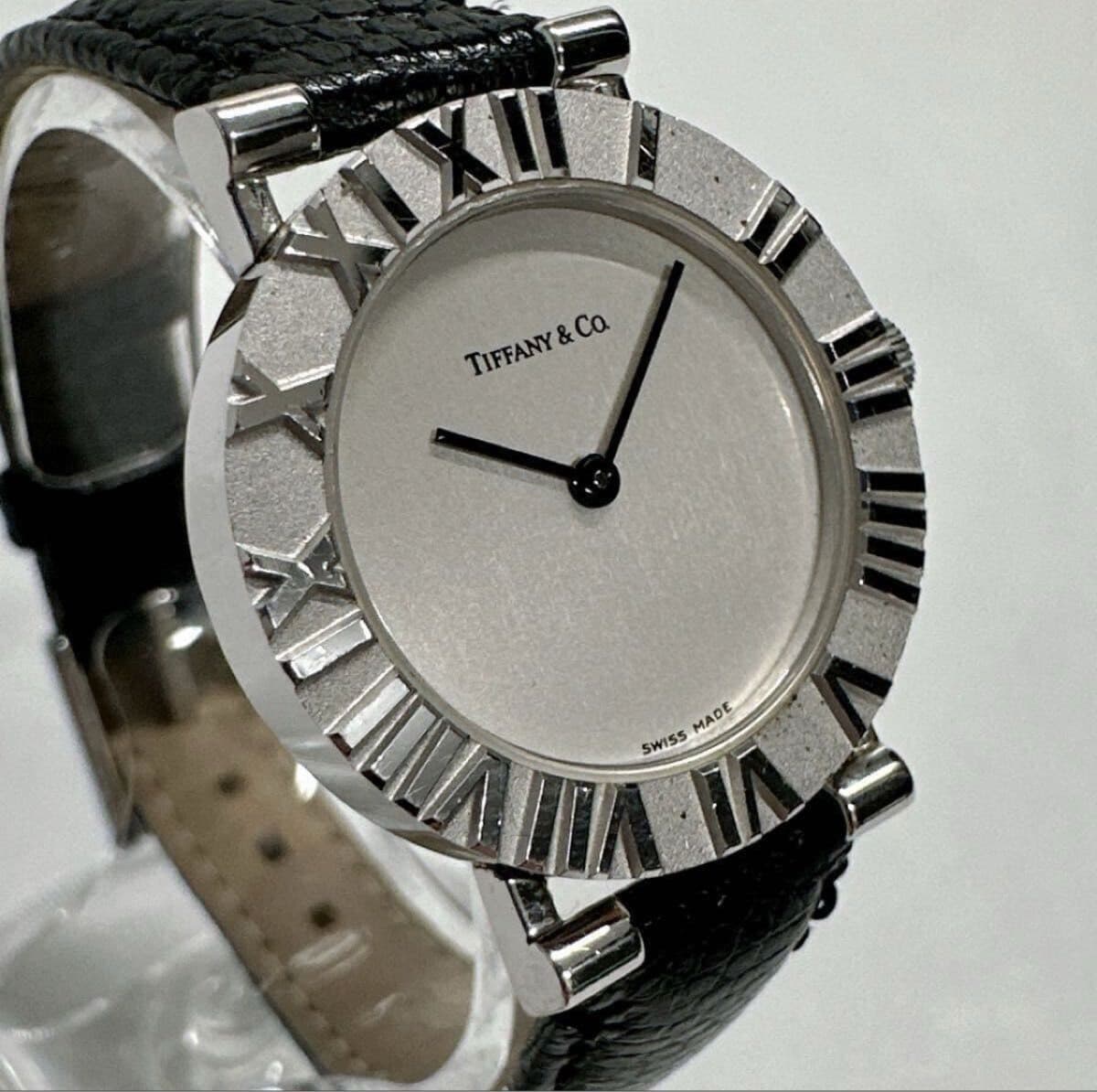 Auth Tiffany & Co. Atlas Watch SV925 Silver Black Leather Quartz Ladies L0640