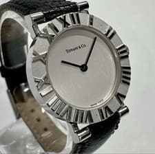 Auth Tiffany & Co. Atlas Watch SV925 Silver Black Leather Quartz Ladies L0640