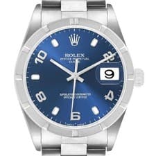 Rolex Date Steel Blue Dial Engine Turned Bezel Mens Watch 15210