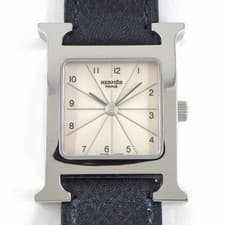HERMES Watch H Watch HH1.210 Square Ivory Vague Guilloch Dial SS Black Leather S