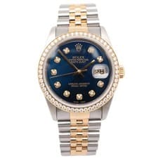 Rolex Datejust 18K Gold Custom Diamond Bezel Blue Dial Watch 16233