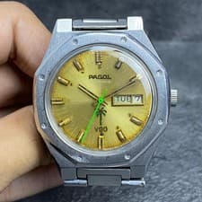 Rare PAGOL V90 Automatic Gold Sunburst Dial Day Date Watch Men Vintage Classic