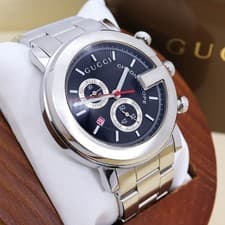 Gucci 101M Quartz Watch Silver Black Working New Battery Cleaned Box Papers 48mm