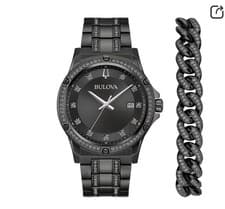 Bulova Luxury Men's Black Metal Wristwatch Gemstone Markers Date Indicator