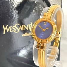 YSL Gold Bangle Logo Dial Navy Wristwatch - Working, Excellent Condition