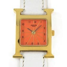 HERMES Watch H Watch HH1.201 Square Orange Dial GP SS White Veau Epsom Leather B