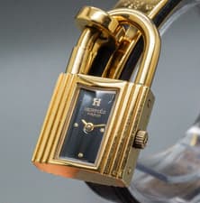 Read!! [Full Set] HERMES Kelly Watch Gold Black Quartz Women's Watch From JAPAN
