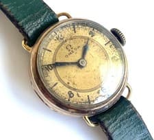 Omega Vintage 9Ct Gold Green Leather Strap Antique Swiss Made Hallmarked Rare