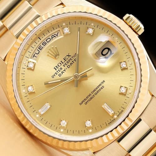 ROLEX MENS DAY-DATE 18238 PRESIDENT FACTORY DIAMOND 18K YELLOW GOLD WATCH
