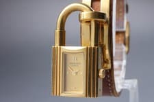 [Near MINT] Vintage HERMES Kelly Padlock 20mm Gold Dial Brown Qz Women's Watch