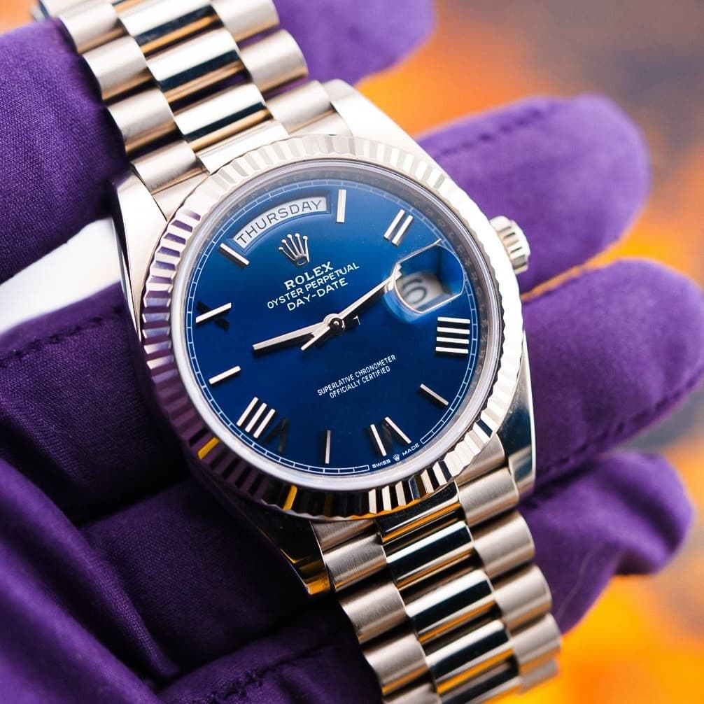 Rolex Day-Date 40 Blue Roman Dial White Gold President Complete Set 228239
