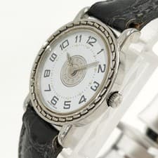 HERMES Wristwatch Sellier Quartz Leather Strap Black White Dial Waterresistant