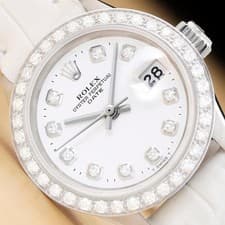 ROLEX LADIES 6517 DATE 18K GOLD WHITE DIAMOND WATCH w/ PEARL WHITE LEATHER BAND