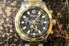 Salvatore Ferragamo Chronograph Watch Two Tone Black Dial Swiss Made