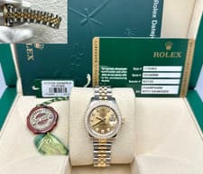 Rolex Ladies Datejust 179383 Diamond Dial Diamond Bezel 18k Gold Steel Box Paper