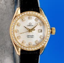 Ladies Omega Seamaster Aqua Terra 18K Gold Watch Diamond Dial & Bezel - 2079.75