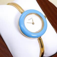 GUCCI Change Bezel Watch Gold Bangle Quartz Blue White Cleaned New Battery