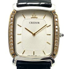 Seiko Credor 5A74-5340 Quartz White 18KT/SS Diamond Bezel Seconds Hand Leather