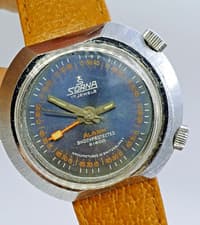 SORNA ALARM 21600 UFO MANUAL  17 JEWELS BLUE DIAL MENS WATCH SWISS FULL WORKING