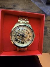 Bulova Men's Gold Skeleton Dial Automatic Metal Bracelet Watch Roman Numerals