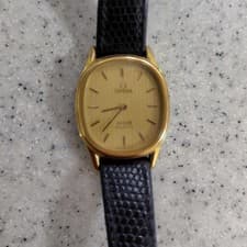 Omega Quartz Watch Gold Dial Black Leather Band Used