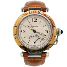 Cartier Pasha Power Reserve 38mm Two Tone Steel Gold Bezel Auto Brown Leather